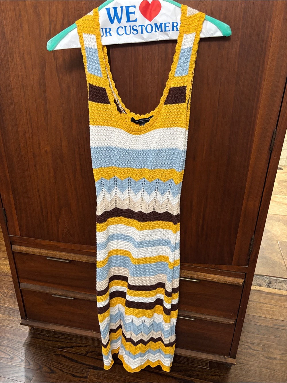 French Connection Yellow, Light Blue, White & Brown Striped Knit Maxi Dress